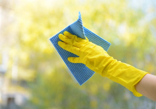Staff following safe cleaning procedures in a professional environment